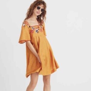 Madewell Embroidered Square-Neck Mustard Mini Dress Size Medium